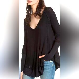 WE THE FREE PEOPLE Laguna Thermal Waffle Knit Oversized Black Top Size XS